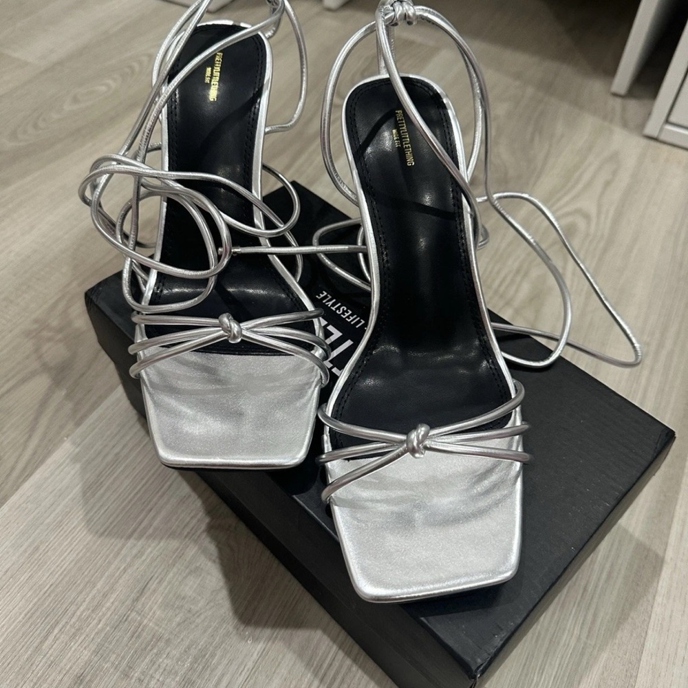 Pretty Little Things Heels Silver Size US9 Lace Up Open Toe, wide squared heel